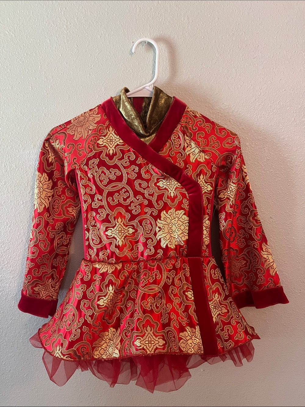 Girls Red and Gold Brocade Peplum Dress
